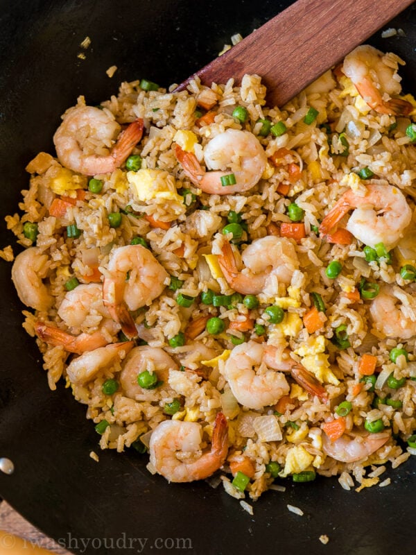 Super easy Shrimp Fried Rice Recipe made in a skillet or wok for an easy weeknight dinner!