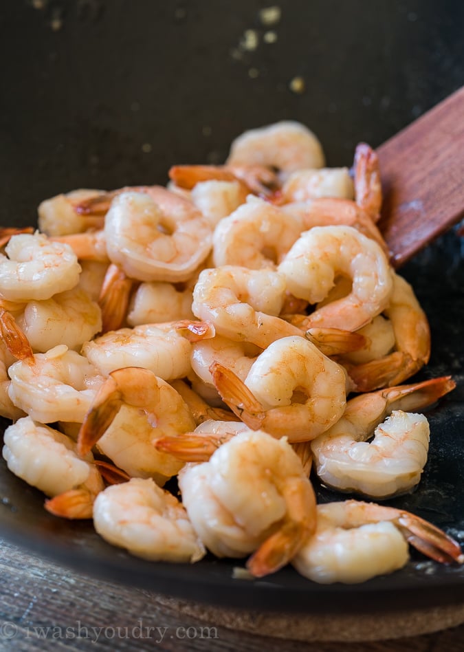 Perfectly cooked shrimp in a wok