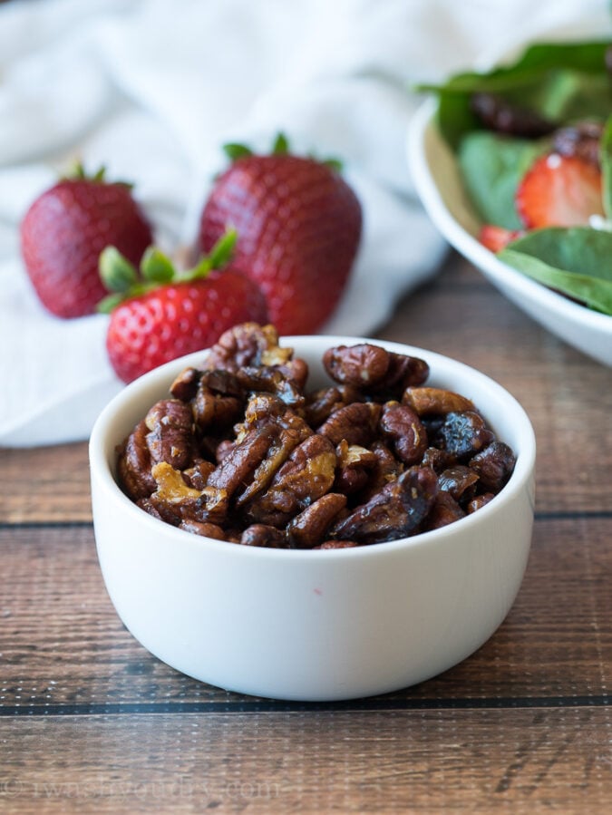 These super easy candied pecans are perfect for adding into salads and even topping dessert!