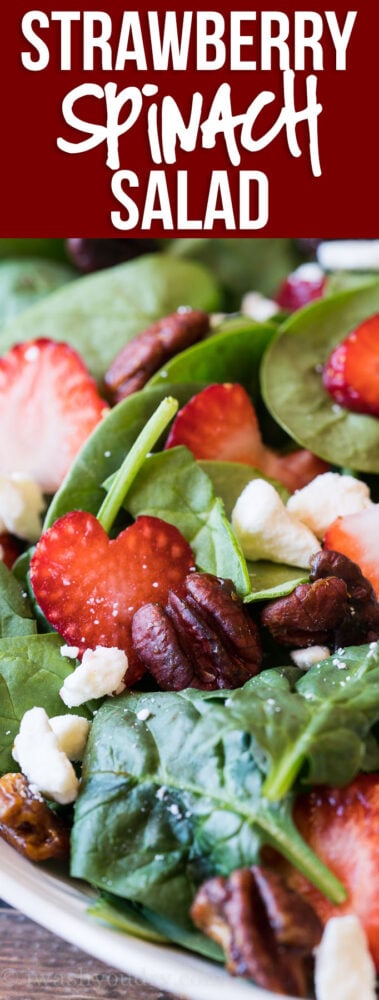 This super easy Strawberry Spinach Salad with candied pecans is the perfect summer salad! So quick and super delicious!