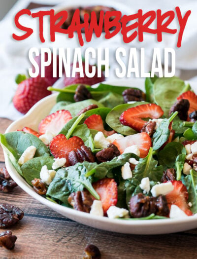 This super easy Strawberry Spinach Salad with candied pecans is the perfect summer salad! So quick and super delicious!