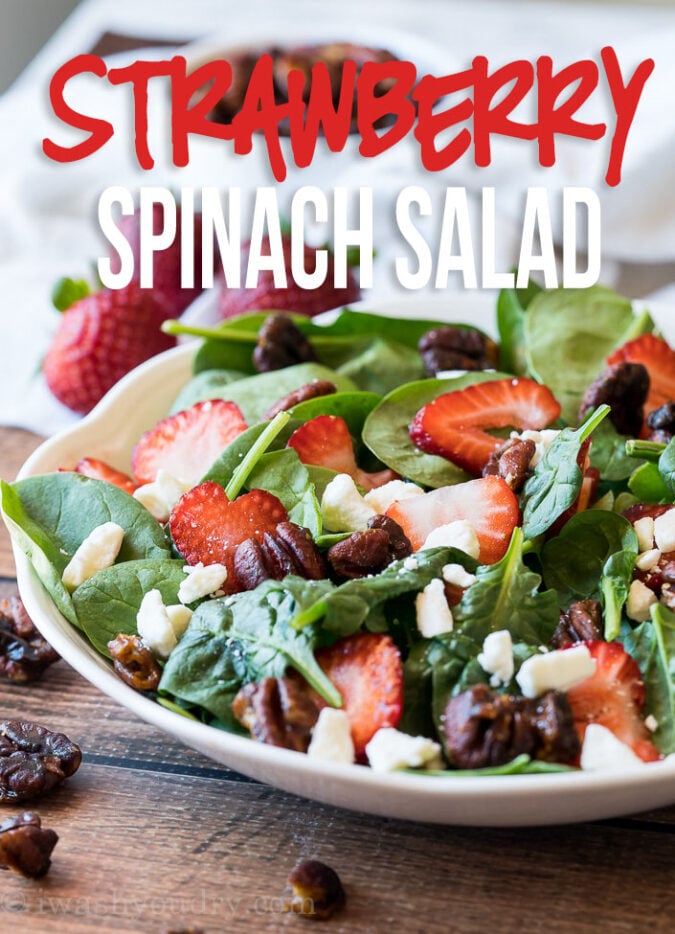 This super easy Strawberry Spinach Salad with candied pecans is the perfect summer salad! So quick and super delicious!