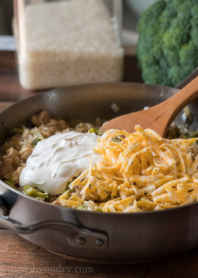 Once the rice is cooked through, stir in some sour cream and cheese until nice and creamy.