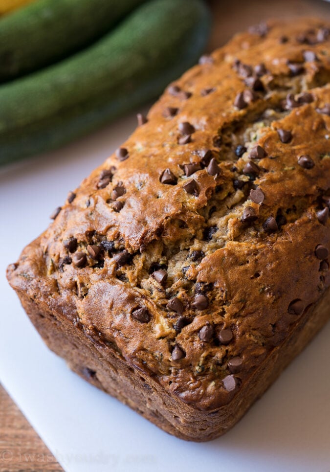 Bake your Chocolate Chip Zucchini Bread until golden brown on the outside and fully cooked on the inside. 