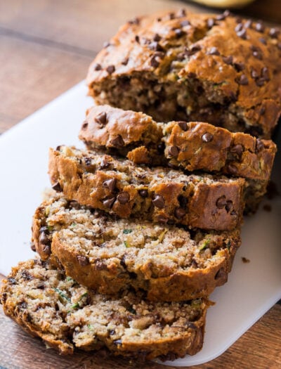 OMG! This is seriously the BEST One Bowl Chocolate Chip Zucchini Bread! So moist and tender, everyone LOVES it!