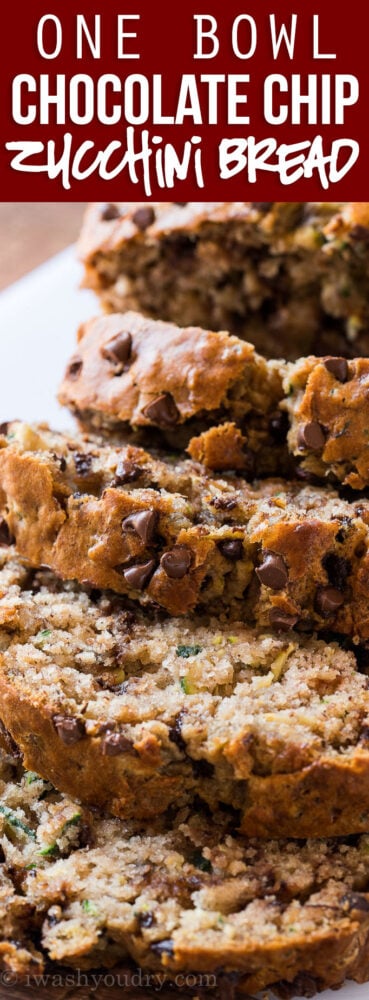 OMG! This is seriously the BEST One Bowl Chocolate Chip Zucchini Bread! So moist and tender, everyone LOVES it!