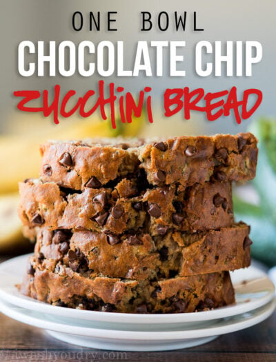 OMG! This one bowl Chocolate Chip Zucchini Bread comes together super fast with just one bowl and a fork! My whole family loved this super moist and delicious bread!