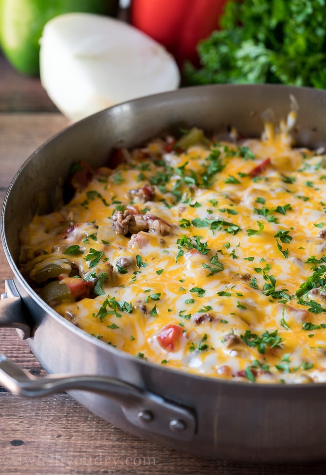 WOW! My family LOVED this super easy Ground Beef Stuffed Pepper Skillet. It was like regular stuffed pepper filling made in just one pan!