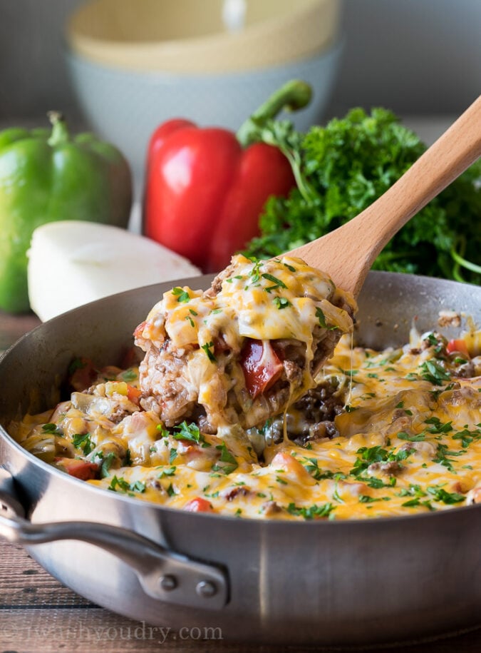 OMG! This ground beef stuffed pepper skillet was ready in less than 30 minutes and made in just one pan! My family LOVED it!