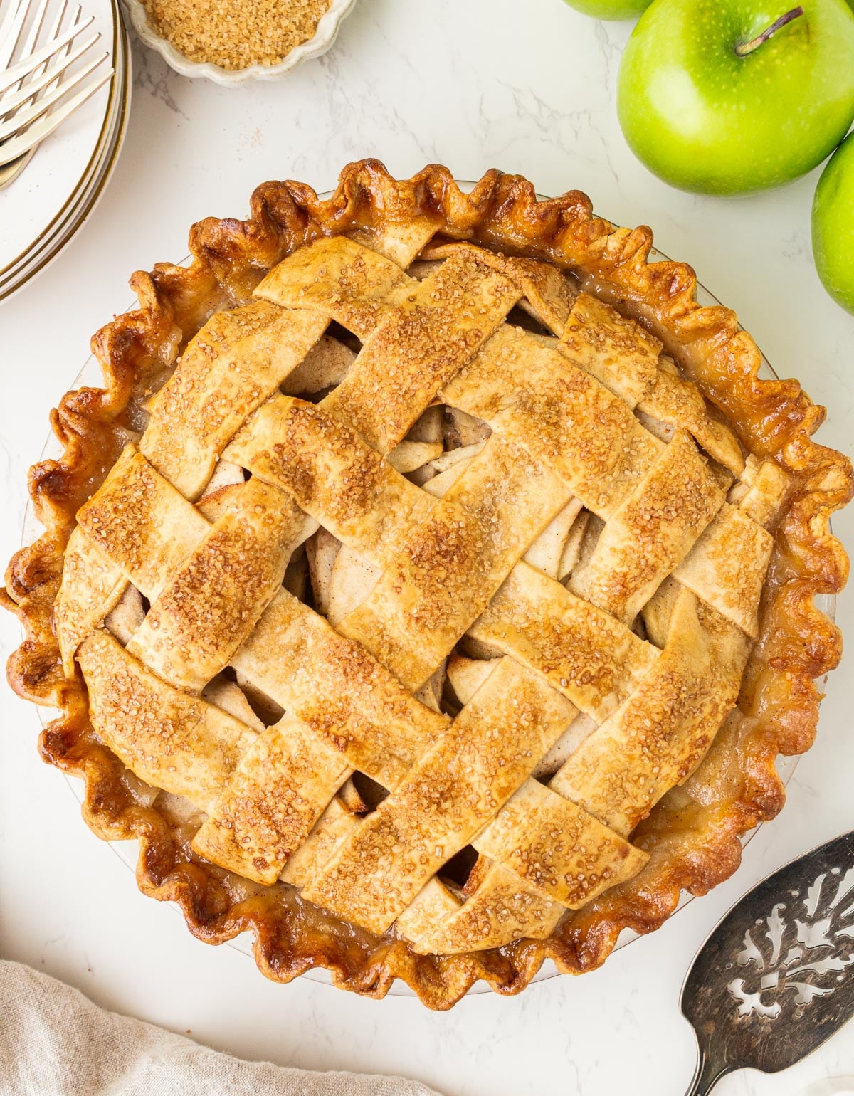 golden brown apple pie with lattice topping.