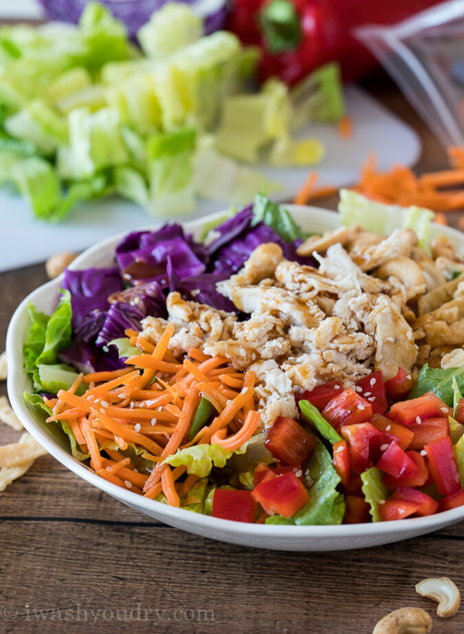 I've eaten this quick Asian Chicken Salad multiple times in the past week for a quick and healthy lunch! It's so filling and delicious!