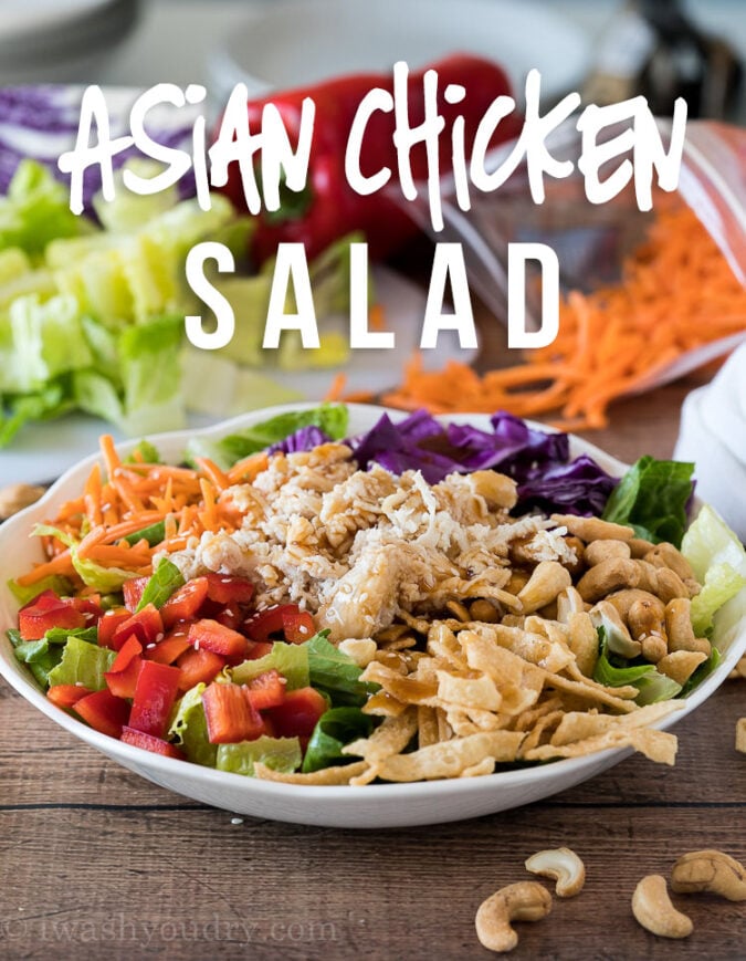 YUM! This Quick Asian Chicken Salad is filled with loads of colorful veggies and shredded chicken. The whole salad takes just a few minutes to throw together and tastes AMAZING!