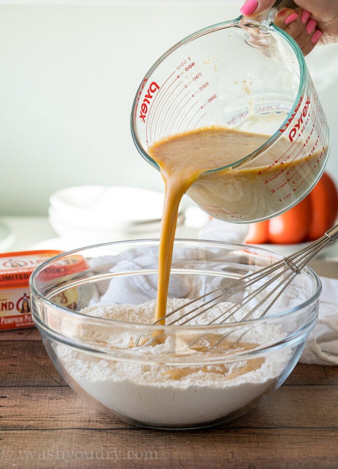 Combine your wet and dry ingredients to mix up your waffle batter!