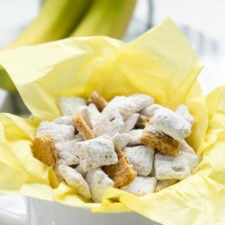 A close up of a Banana Cream Pie Muddy Buddies