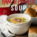 This Cheesy Ham Potato Soup Recipe is filled with tender chunks of potatoes and ham in a creamy broth that's ready in less than 30 minutes!