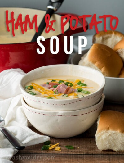 This Cheesy Ham Potato Soup Recipe is filled with tender chunks of potatoes and ham in a creamy broth that's ready in less than 30 minutes!
