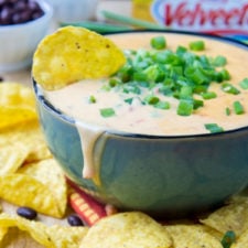 A bowl of cheese dip surrounded by chips