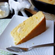A slice of Sweet Skillet Cornbread on a plate