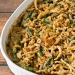 Top your green bean casserole recipe with some crispy fried onion strings and pop it back in the oven until lightly browned.