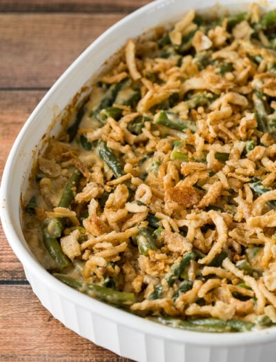 Top your green bean casserole recipe with some crispy fried onion strings and pop it back in the oven until lightly browned.