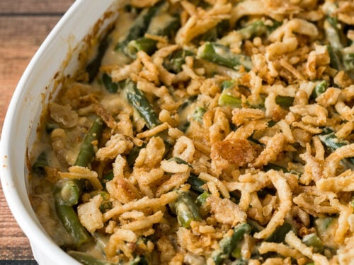 Top your green bean casserole recipe with some crispy fried onion strings and pop it back in the oven until lightly browned.