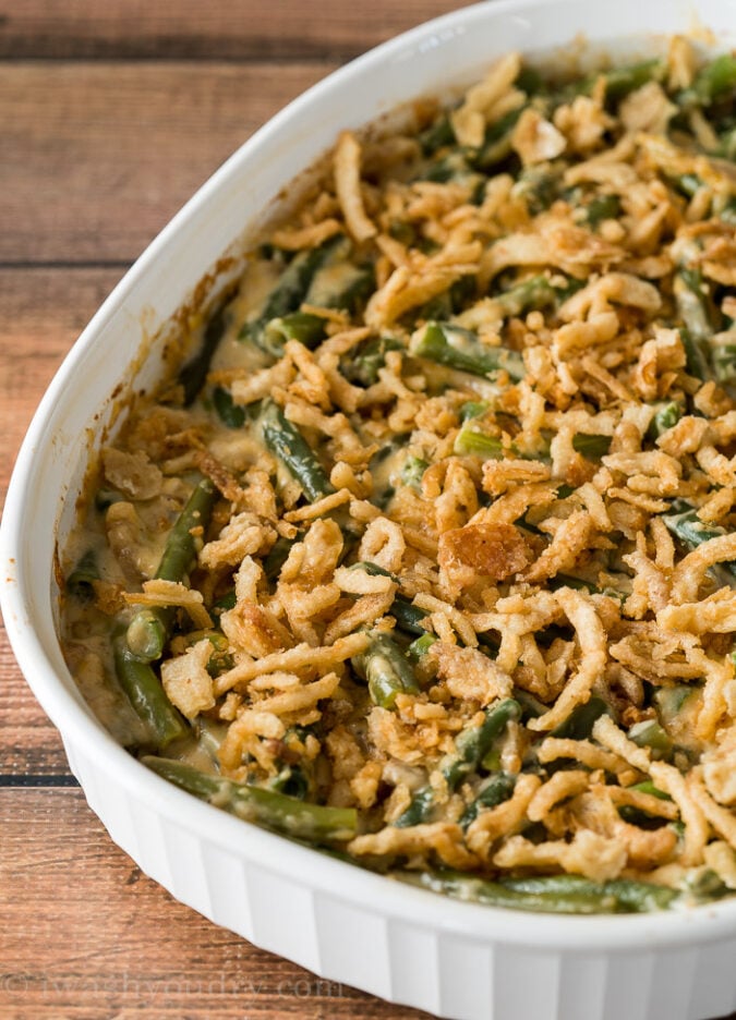 Top your green bean casserole recipe with some crispy fried onion strings and pop it back in the oven until lightly browned.