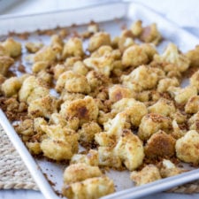 A pan of food, with roasted cauliflower