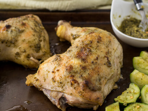 Pesto Chicken Thighs with Broiled Zucchini