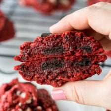 A close up of the inside of a red cookie