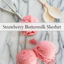 Scoops of Strawberry Buttermilk Sherbet on a marble surface