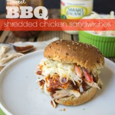 A plate with a BBQ Shredded Chicken Sandwich on it