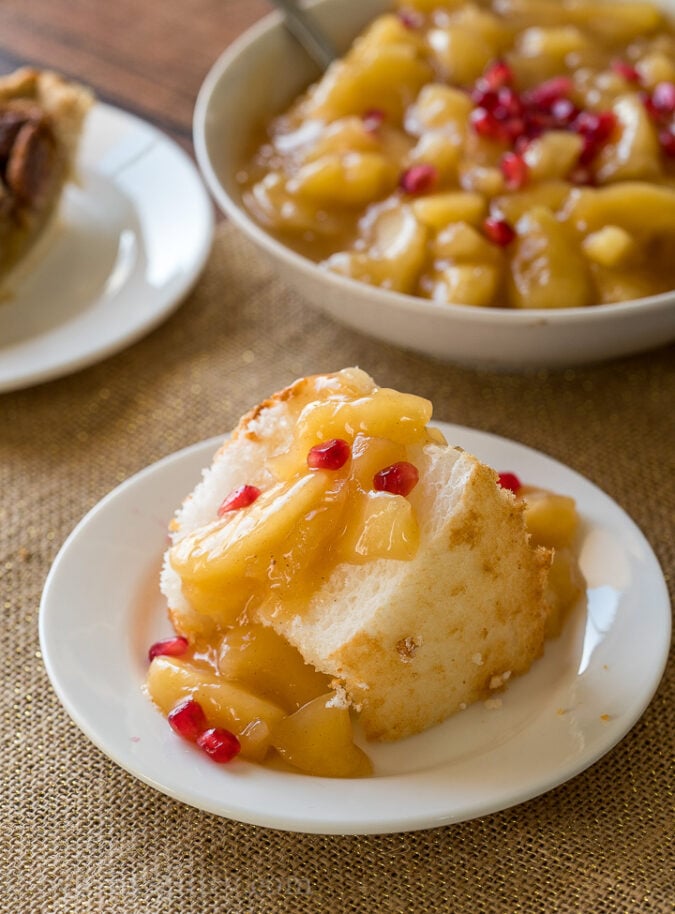 Angel Food Cake topped with glazed apples and pomegranate! YUM!