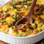 Top the mashed potato casserole with more cheese, crumbled bacon and green onions before baking again. Everyone will love this super easy side dish recipe!