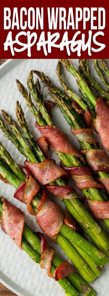OMG! This Bacon Wrapped Asparagus Recipe is seriously so delicious! We served this easy side dish with steaks and mashed potatoes and it was a total hit!