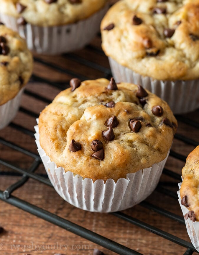 This Chocolate Chip Banana Muffin Recipe is a quick and easy recipe that makes a dozen muffins!