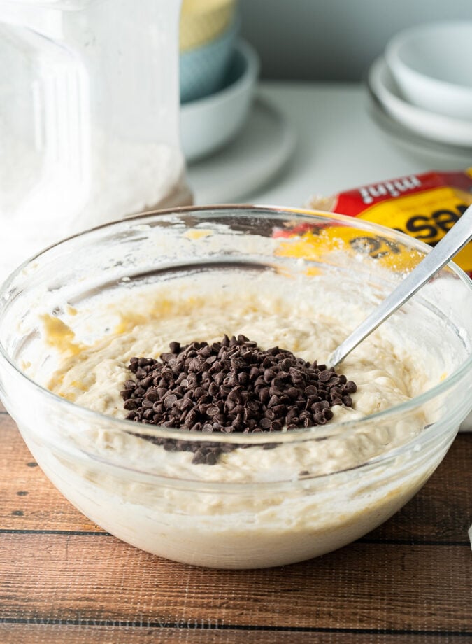 YUM! This Chocolate Chip Banana Muffins Recipe is filled with bananas, greek yogurt and mini chocolate chips!