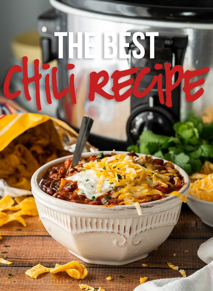 This super easy crock pot chili is THE BEST Chili Recipe because it's filled with beef, three types of beans and the perfect blend of chili spices.