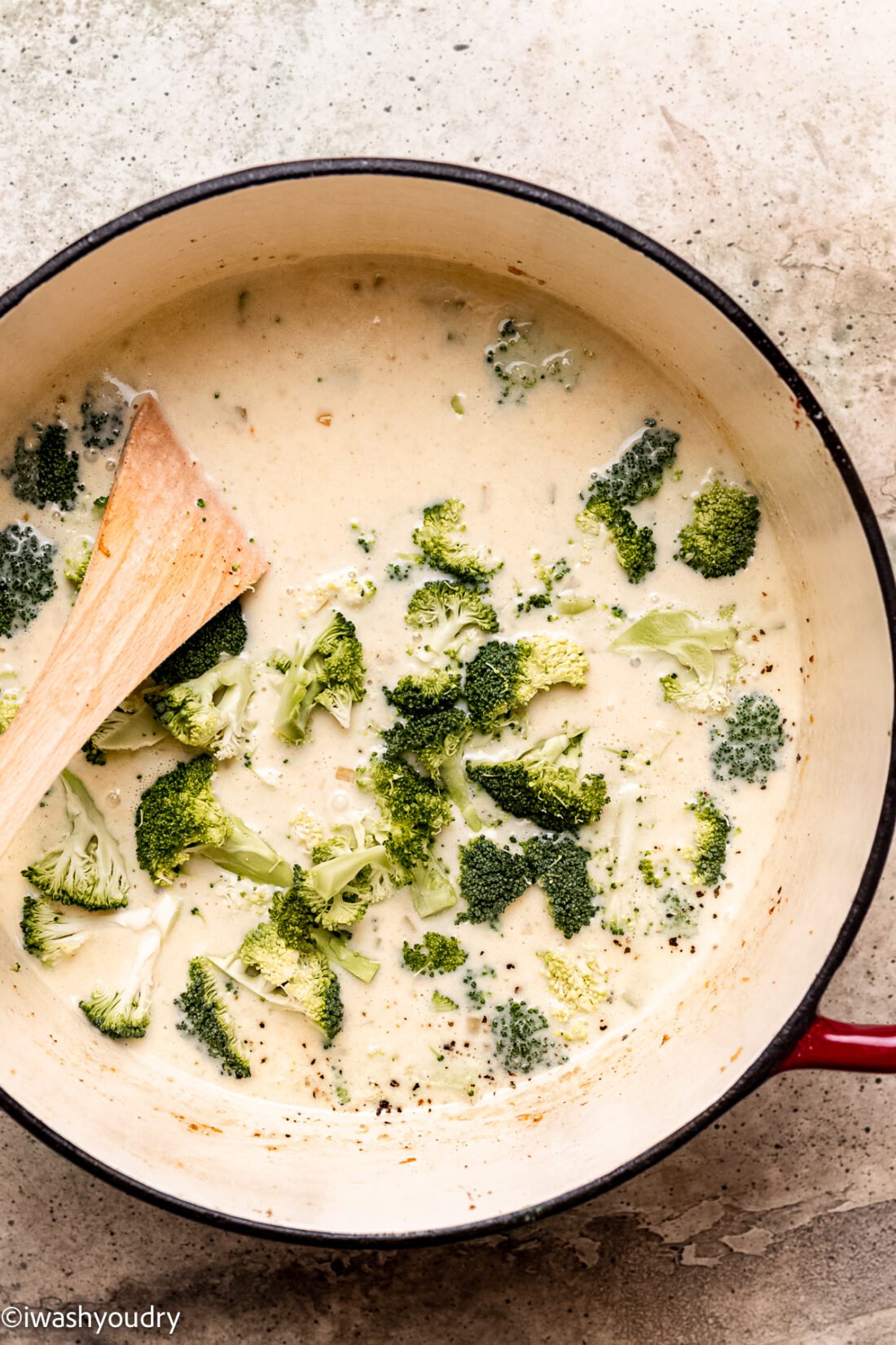broccoli added to soup with chicken broth and salt.