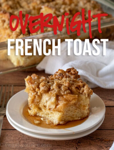 This super easy French Toast Casserole is soaked in an egg mixture overnight, topped with a brown sugar crumble and then baked to perfection!