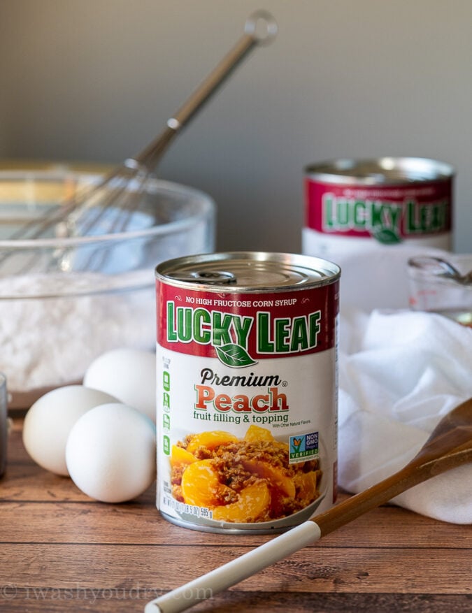 Lucky Leaf Peach Pie Filling is the perfect addition to this spice cake recipe!