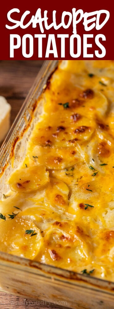 YUM! This Cheesy Scalloped Potatoes Recipe is so creamy and delicious! The perfect Holiday Side Dish!