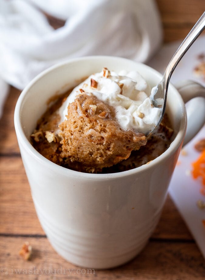 WOW! This super easy Carrot Cake Mug Cake Recipe is ready in about 5 minutes from start to finish! A great way to satisfy that sweet tooth craving!