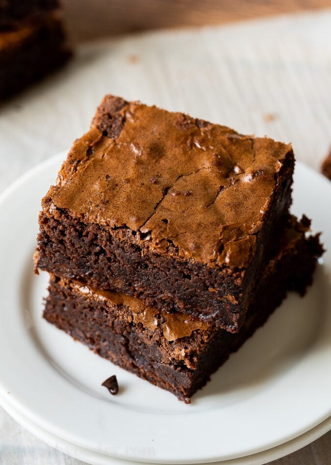 The crackled, glossy top of these brownies is irresistible! 