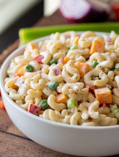 YUM! This Classic Macaroni Salad Recipe is super easy and the perfect side dish for all those summer potlucks!