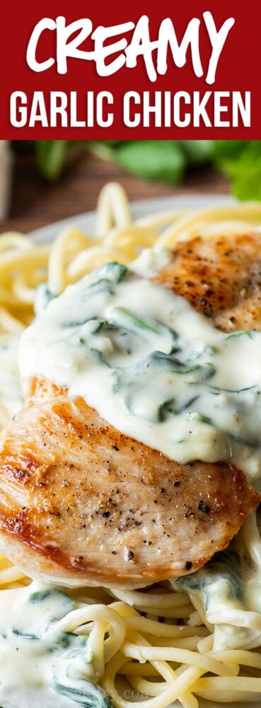 This Creamy Garlic Chicken Recipe with spinach in a creamy parmesan cheese sauce is delicious over over hot pasta.
