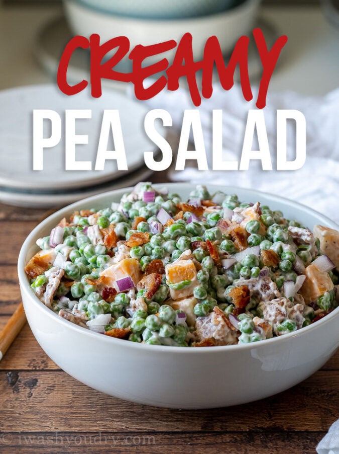 This Creamy Pea Salad Recipe is filled with sweet peas, crispy bacon and cheese in a creamy sauce.