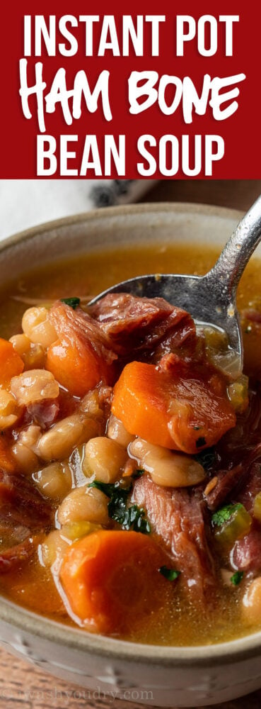 YUM! This super easy Instant Pot Ham Bone Soup is filled with navy beans and veggies! Perfect for using up leftover ham!