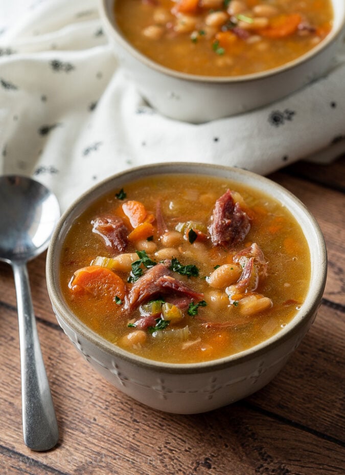 Serve this hearty Ham Bone Soup with soft rolls for an easy weeknight dinner!