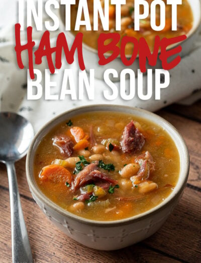 This super easy Instant Pot Ham Bone Soup is filled with navy beans and the perfect way to use up that leftover ham!