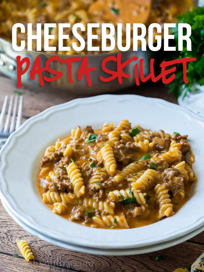 This super easy Cheeseburger Pasta Skillet is filled with seasoned ground beef and tender pasta in a cheesy savory sauce. Perfect for an easy weeknight dinner!
